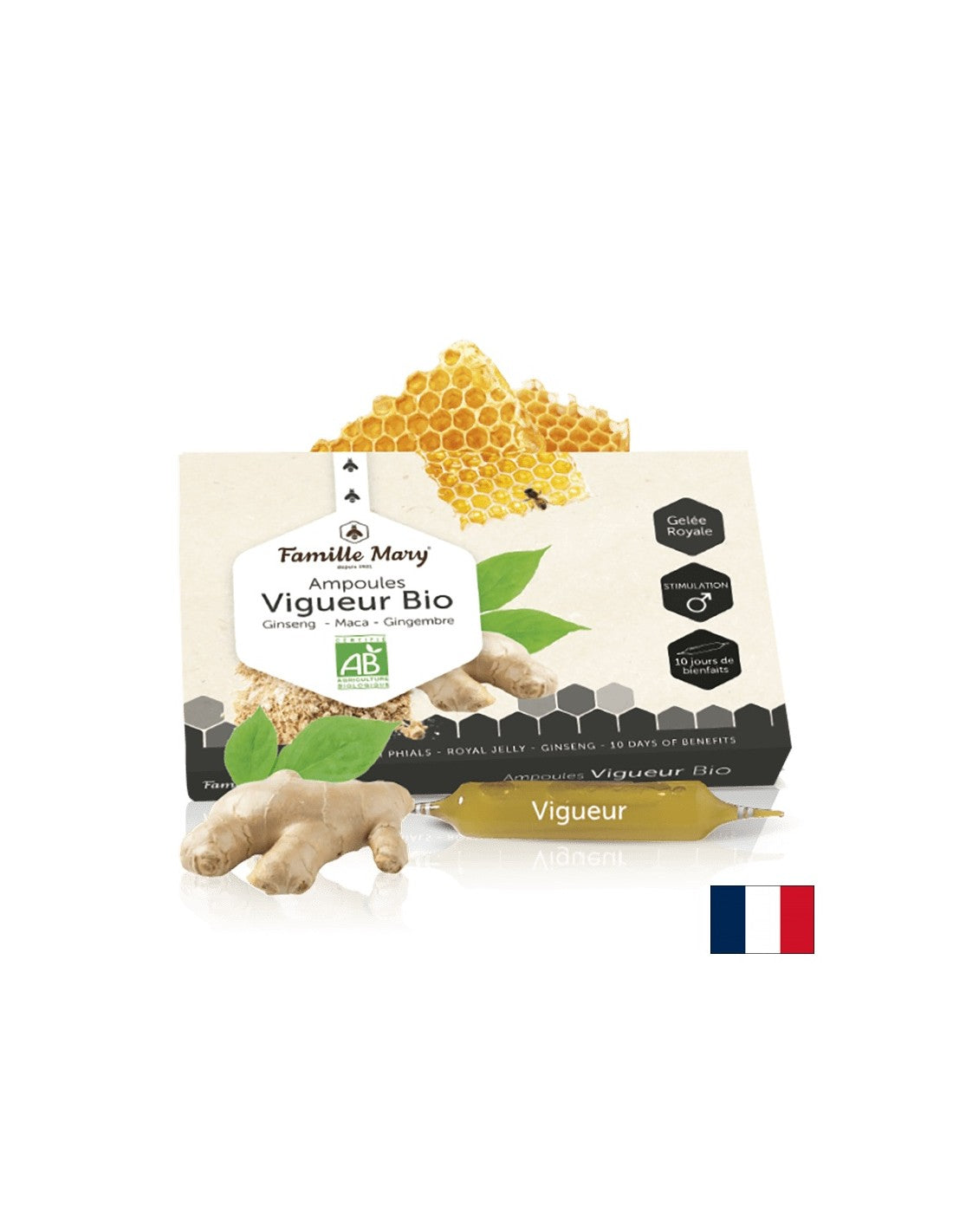 Ampoules Vigueur Bio Ginseng, Maca, Gingembre + Gelée Royale / Формула за жизненост и мъжка потентност, 10 ампули Famille Mary
