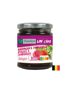 Raspberry and strawberry jam with low sugar and carbohydrate content, 210 g - Nutra Best Europe