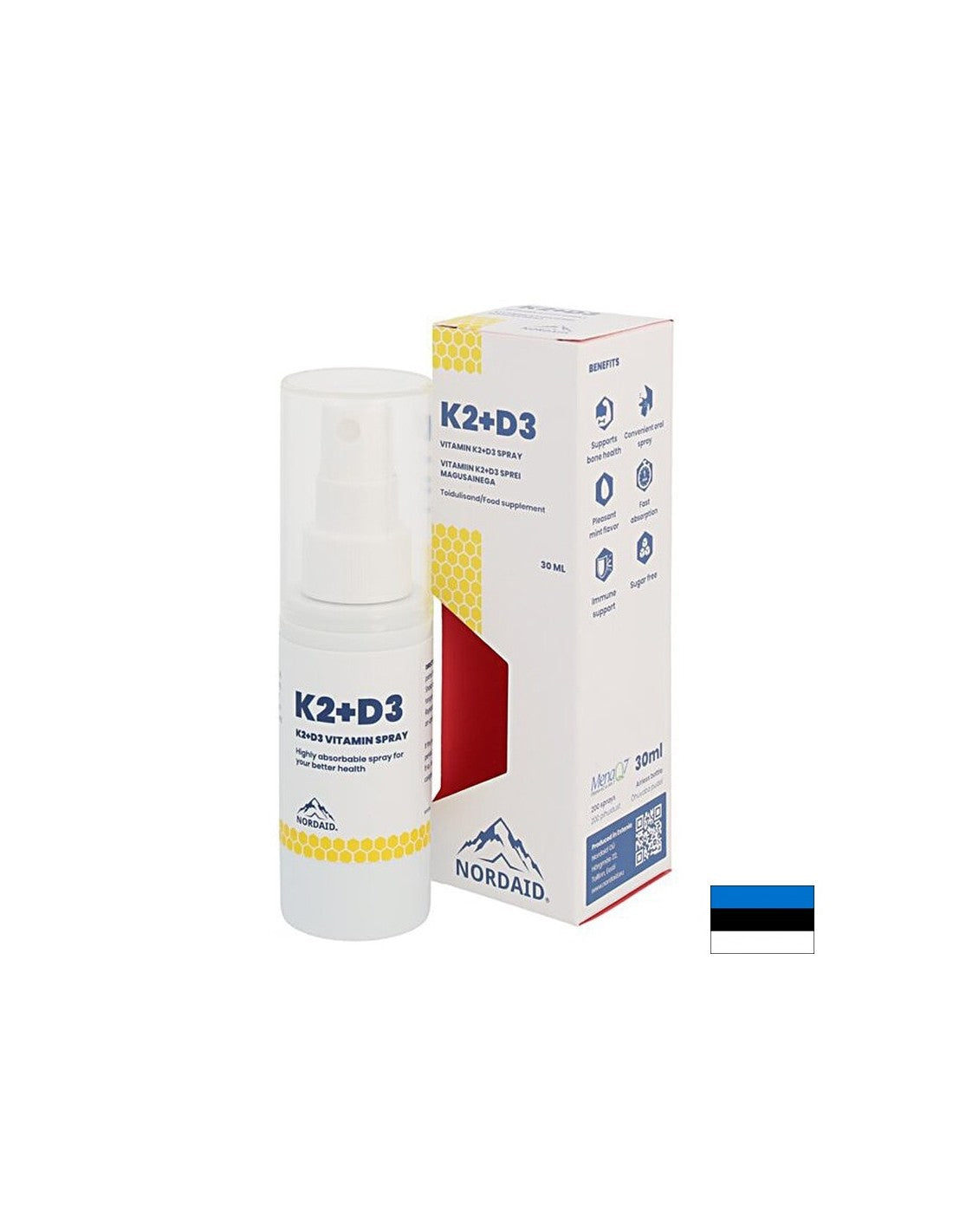 Витамини К2 (20 µg) + D3 (800 IU) - здраве на сърцето и костите, силен имунитет, спрей за уста, 30 ml, 200 спрея