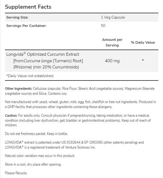 Curcubrain ™ 400 mg | Longvida® оптимизиран куркумин - 50 капсули