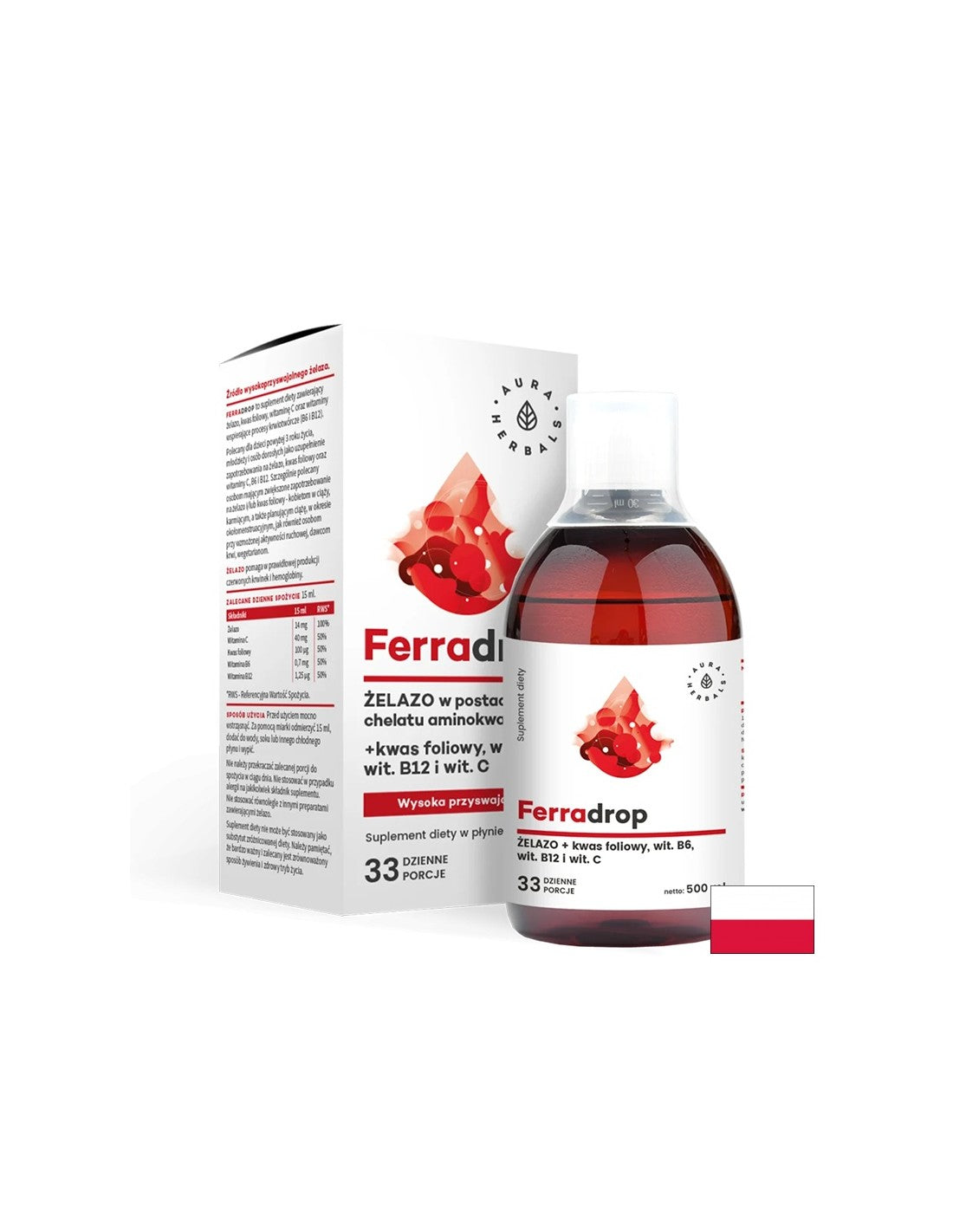 Желязо + фолиева киселина с витамини C, B6, B12, 500 мл <tc>Aura Herbals</tc>